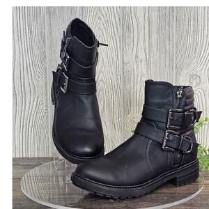 GBG Los Angeles Black Moto Ankle Combat Boots Buckle Strap Zip Women's 7M Grunge